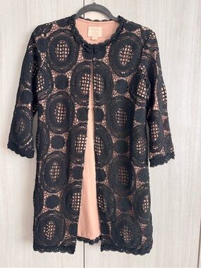 Black Crochet Overlay Coat with Pink Lining and eye hook closure Sz S